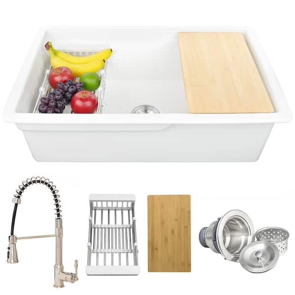 KS 32 in. Undermount Single Bowl White Fireclay Kitchen Sink with Faucets and Basket Strainer