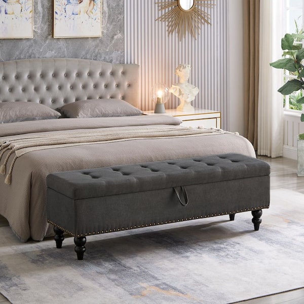 59 in. Gray Tufted End of Bed Bench Ottoman with Storage, 500 lbs. Capacity-Space-Saving Design