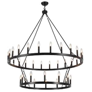 47.24 in. 36-Light Black Farmhouse Wagon Wheel Chandelier 2 Tier Large Round Industrial Pendant Light