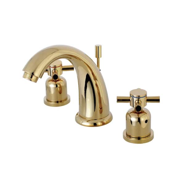 Kingston Brass Modern Cross 8 in. Widespread 2-Handle Bathroom Faucet in Polished Brass