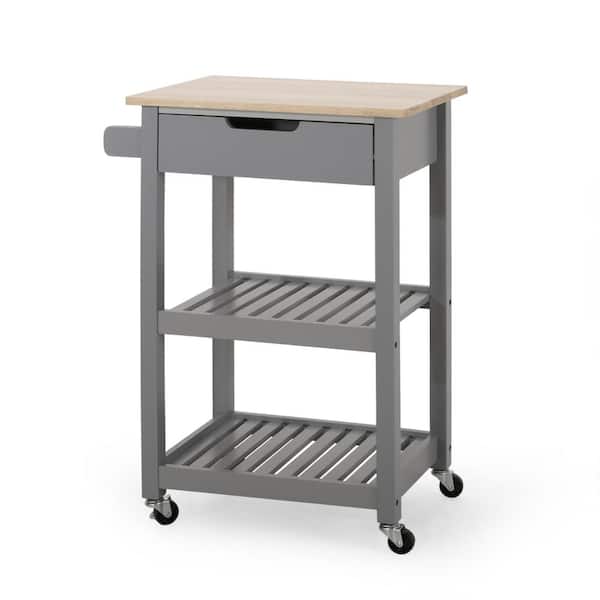 Noble House Treutlen Gray Kitchen Cart with Natural Wood Top