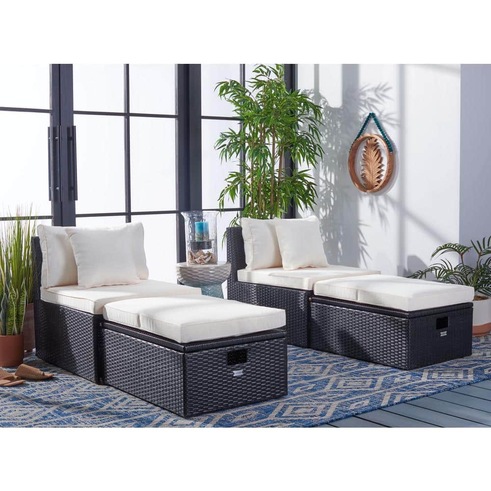 Pramla Black and Beige Wicker 2-Piece Outdoor Settee with Ottoman