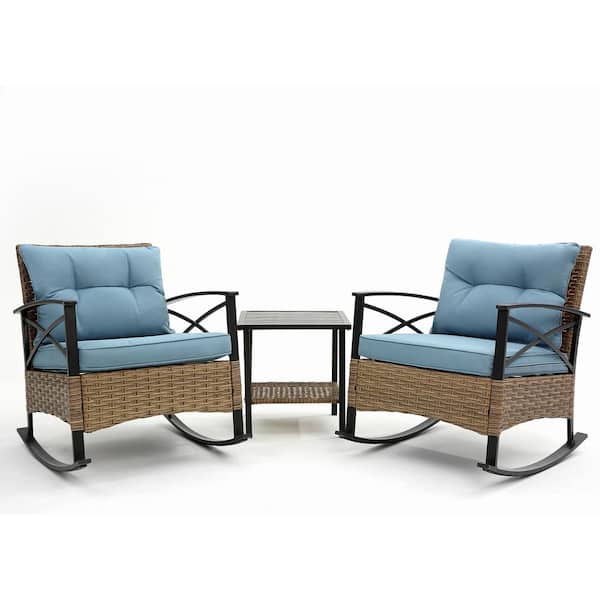 Tunearary 3-Piece Patio Brown Wicker Outdoor Rocking Chair with Blue Cushions and Table