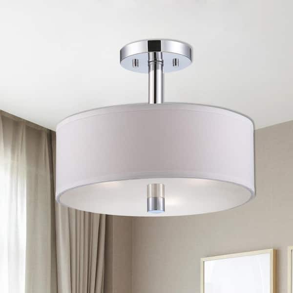 Cordova 13 in. 2-Light Chrome Transitional Entryway Semi-Flush Mount with White Fabric Shade