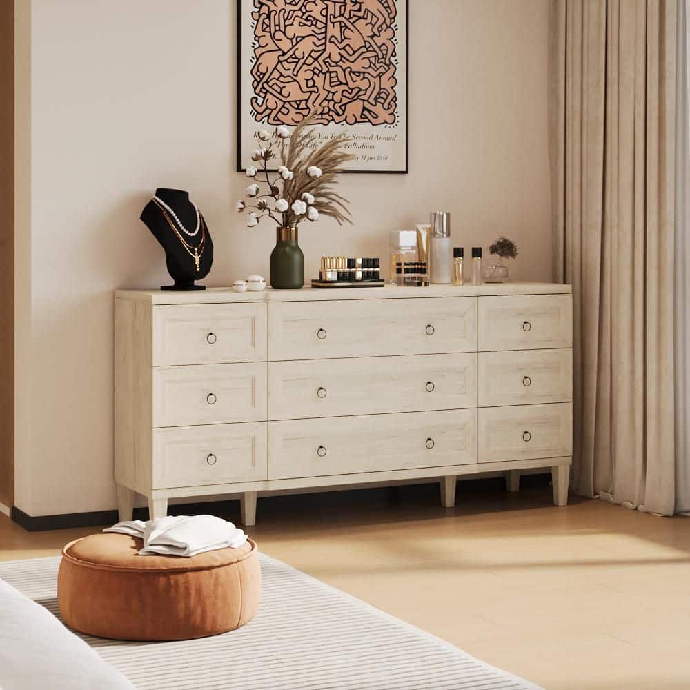 FUFU&GAGA Beige 9 Drawer 63.4 in. W Dresser with Spacious Storage, Modern Chest of Drawers with Metal Ring Pull, Wood-Grain Finish