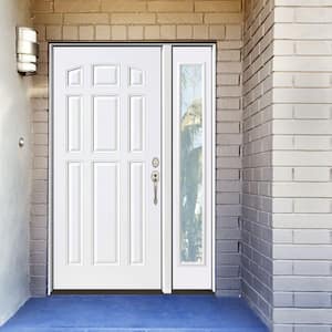 53 in. x 80 in. Element Series 9-Panel Primed White Left-Hand Steel Prehung Front Door with 14 in. Clear Glass Sidelite