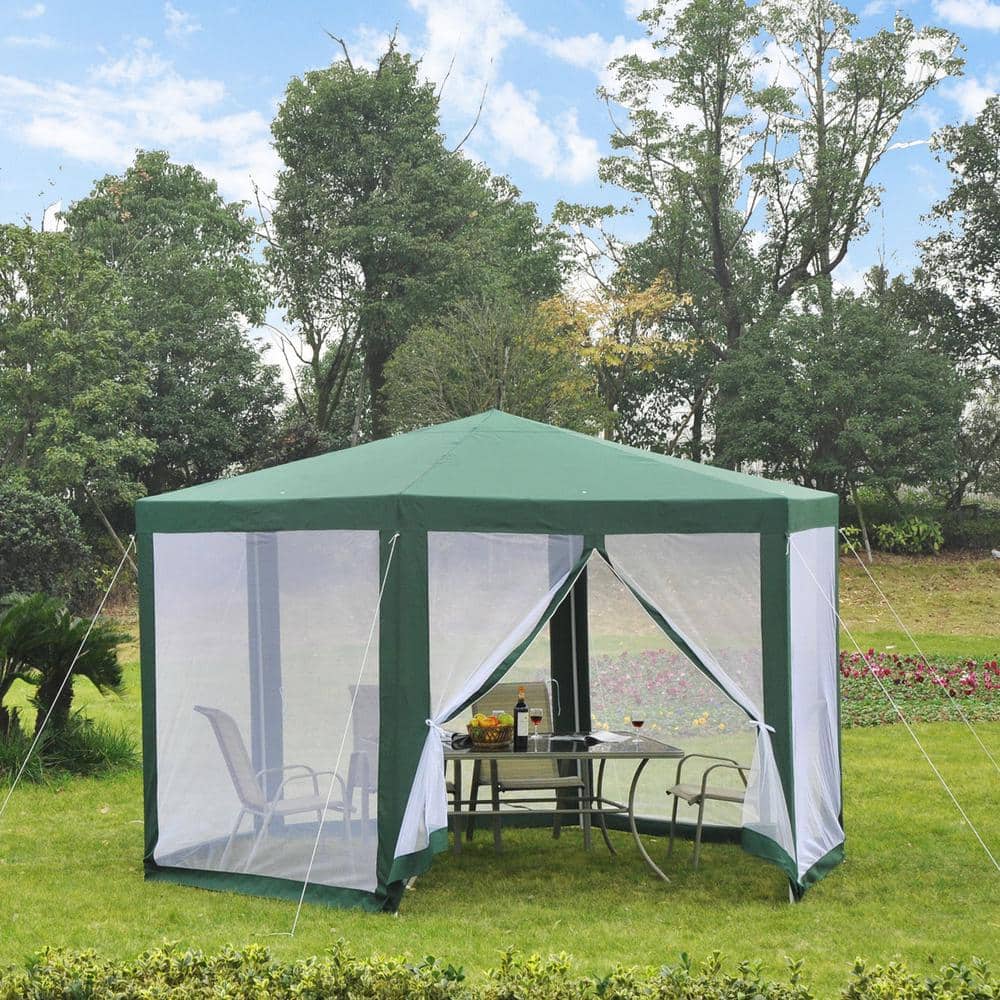 Green Hexagon Steel Frame Outdoor Gazebo with Mesh Screen