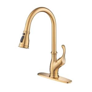 Single Handle Pull Down Sprayer Kitchen Faucet with Advanced Spray and Deckplate 1 Hole Kitchen Sink Tap in Brushed Gold
