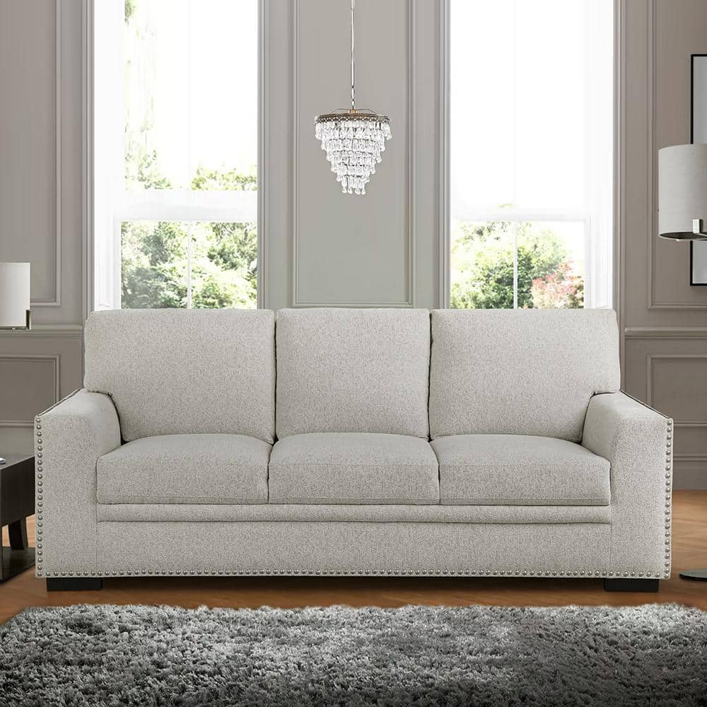 Beige Chenille Lawson Sofa with Nailhead Trim and Track Arms