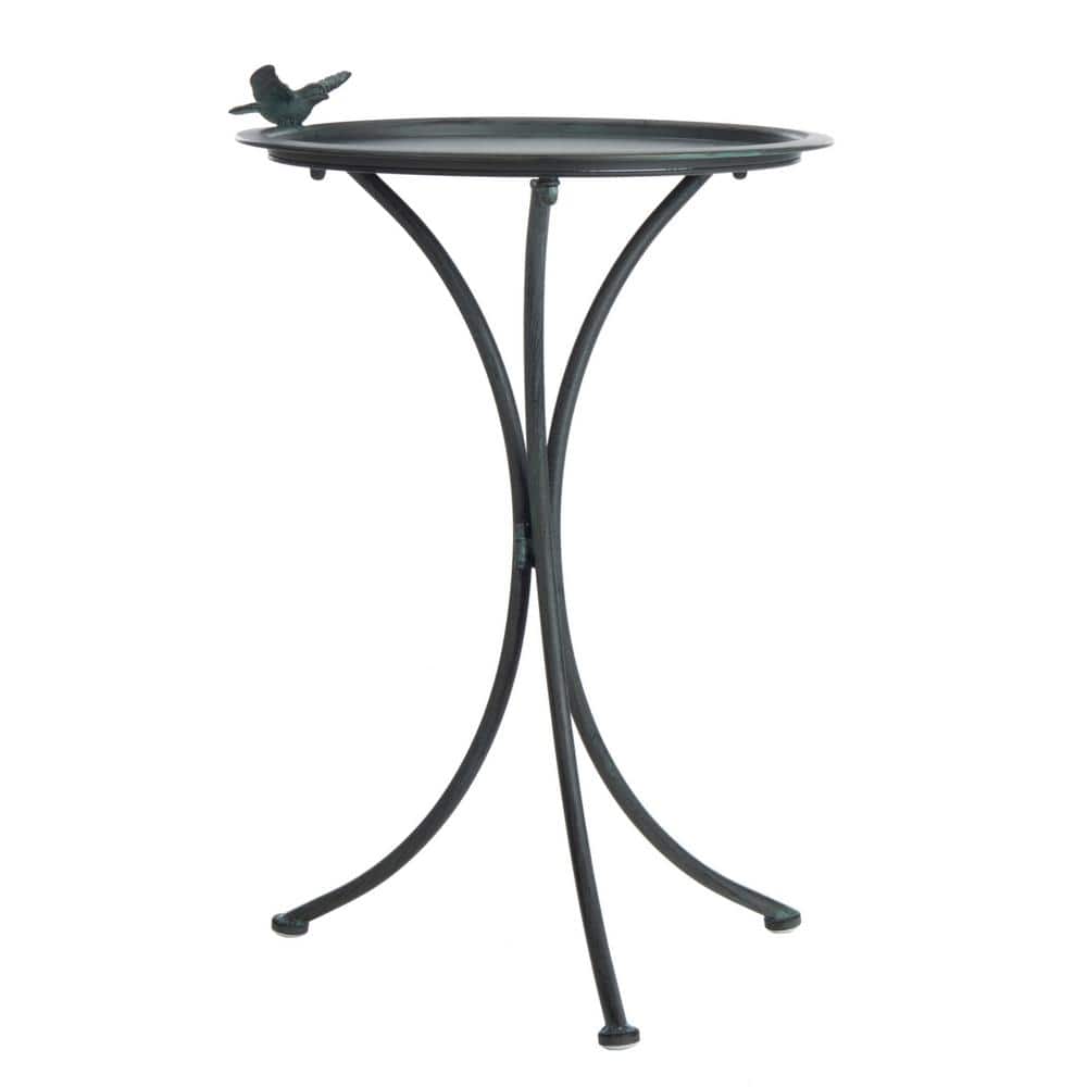 Antique Gray Metal Birdbath with Sculptural Bird Ornament