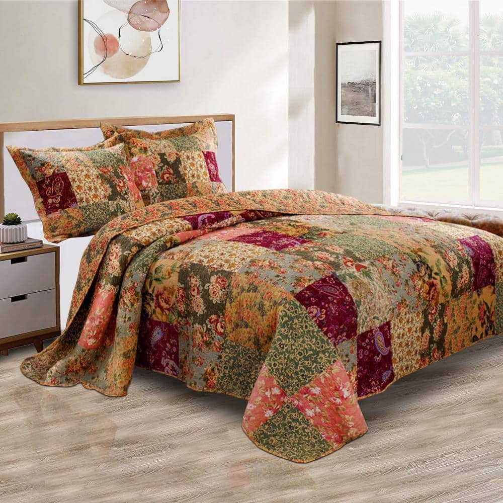 Multicolor Floral Patchwork King Microfiber Quilt Set
