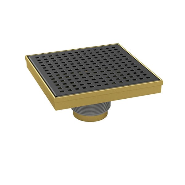 Oatey Designline Square Shower Drain 6 in. x 6 in. Matte Black and Gold Stainless Steel Square Pattern Decorative Drain Cover