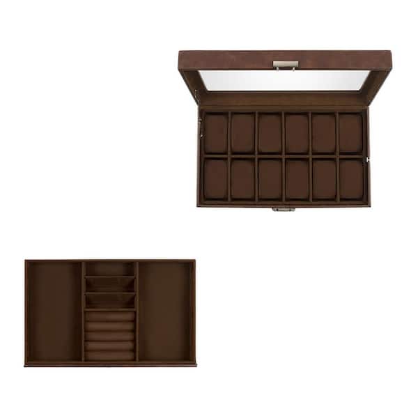 Angel Sar 12-Slot Faux Leather Watch Box, Watch Case with Real Glass Lid and Jewelry Case for Men and Women, Brown