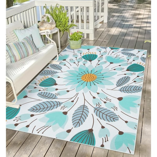 Colorful Floral Washable Non-Slip Blue 6 ft. x 9 ft. Outdoor Area Rug