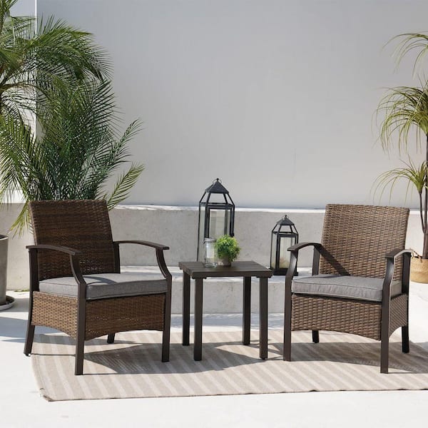 3-Piece Metal Outdoor Bistro Set, Grey Cushions, Wicker and Steel Frame with Cushions