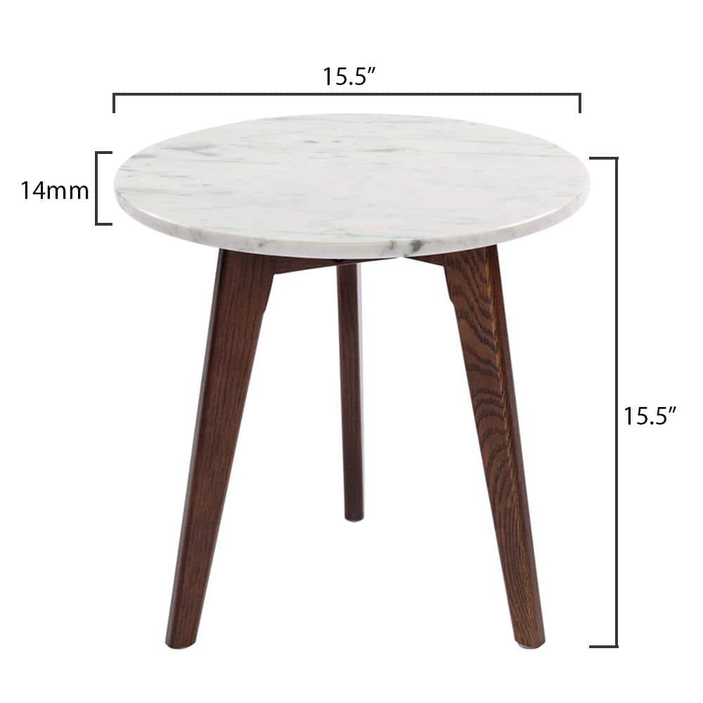 Cherie 19" Round White Marble and Elm Wood Side Table