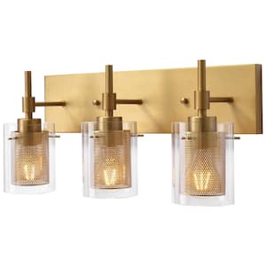 Lenox 18.7 in. 3-Light Vanity Light Fixture with Clear Glass and Metal Mesh Gold Bathroom Wall Sconces