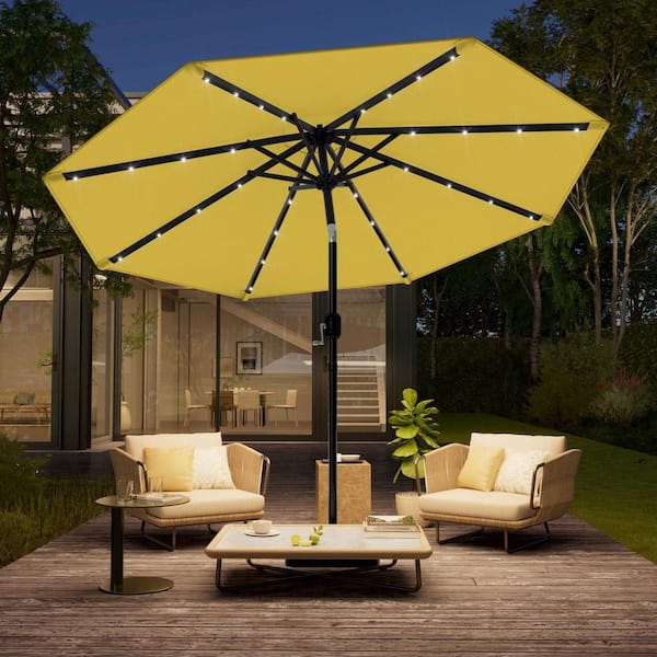 10 ft. Steel Solar-powered Round Outdoor Market Patio Umbrella with Crank in Yellow