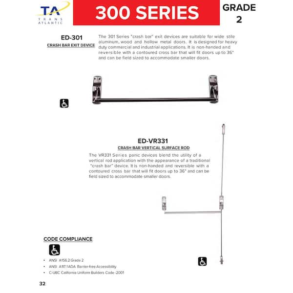 Taco 300 Series Aluminum Grade 2 Commercial 36 in. Surface Vertical Rod  Crash Bar Exit Device ED-VR331-AL - The Home Depot