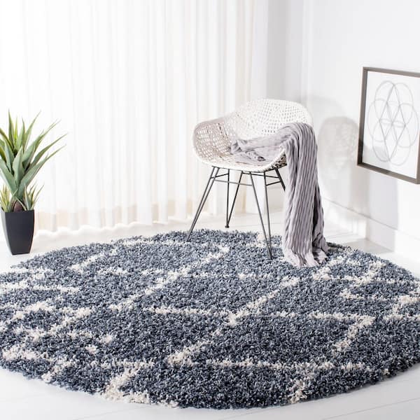 Pro Lux Shag 7 ft. x 7 ft. Blue/Creme Tribal Round Rug
