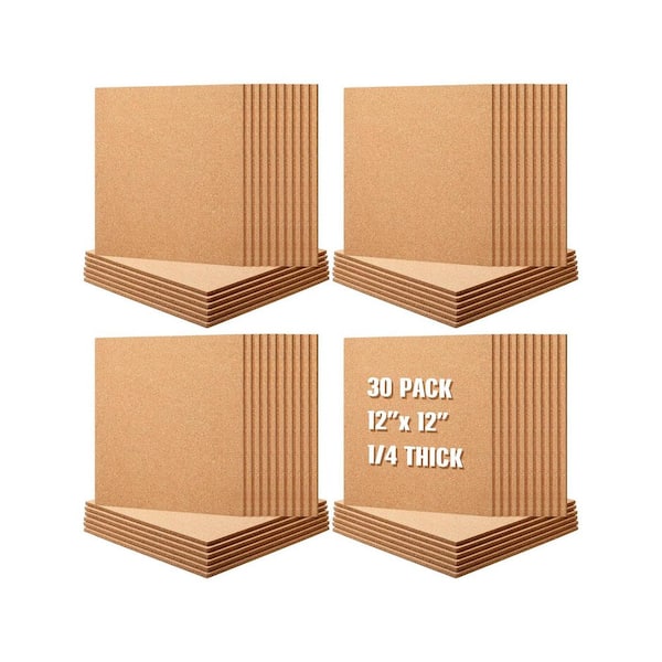 30-Pack Square 12 x 12 Inch Cork Board Tiles with Self Adhesive Brown 1/4 Inch Thick Bulletin Boards 30 Sheets