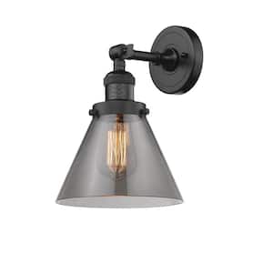 Franklin Restoration Large Cone 8 in. 1-Light Oil Rubbed Bronze Wall Sconce with Plated Smoke Glass Shade
