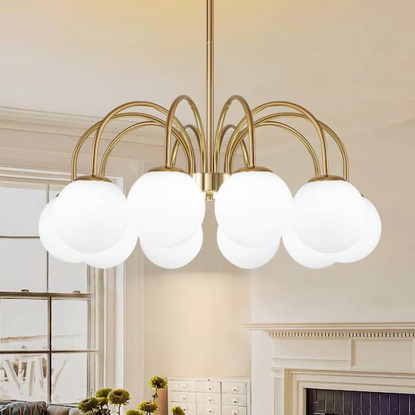 RRTYO Snead 10-Light Mid-Century Modern Brass Sputnik Vintage Chandelier with Opal Frosted Glass Globe for Living Room