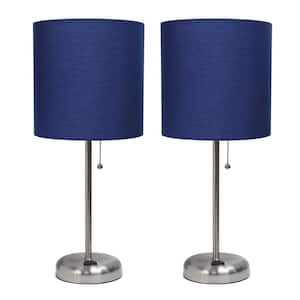 19.5 in. Contemporary Bedside Duo, Brushed Steel Table Lamp 2-Pack Set with Power Outlet, Navy Blue Shades