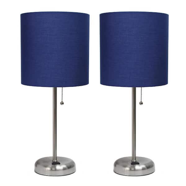 Creekwood home 19.5 in. Contemporary Bedside Duo, Brushed Steel Table Lamp 2-Pack Set with Power Outlet, Navy Blue Shades