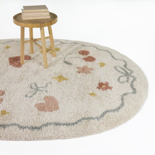 Cherie Coral/Blue 6 ft. 7 in. x 9 ft. Oval Kids Icons Ribbon Border Area Rug