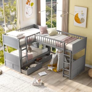 Gray Twin Size Wood Bunk Bed with Loft Bed and 2-Drawers