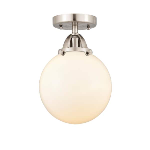 Beacon 8 in. 1-Light Satin Nickel Industrial Semi-Flush Mount with Frosted Glass Shade