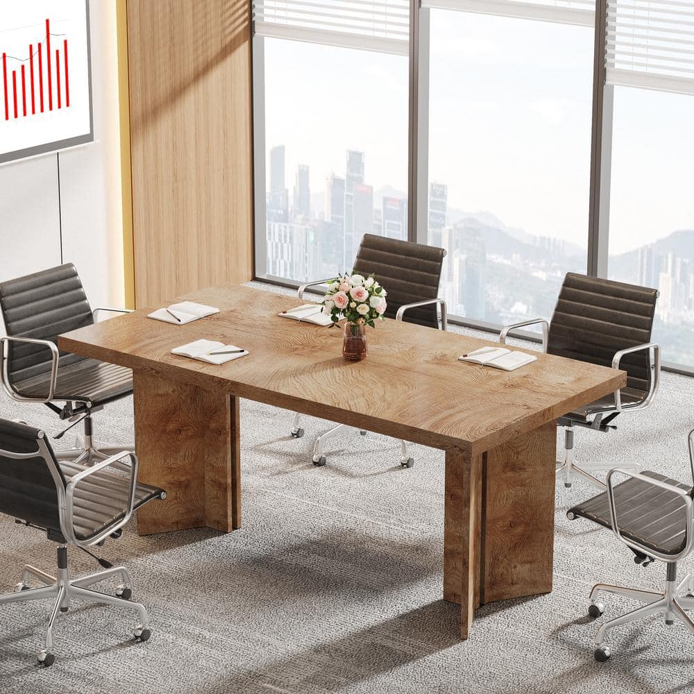 63 in. Rectangular Natural Brown Wood Conference Table for 4-People, Farmhouse Meeting Table Desk for Office