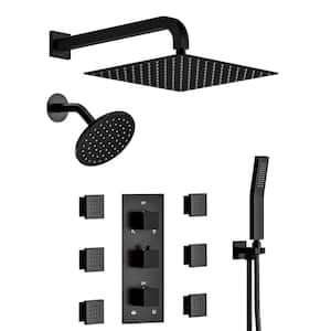 Thermostatic Triple Handles 8-Spray Dual Shower Head Shower Faucet with 6-Jets 2.5 GPM in Matte Black(Valve Included)