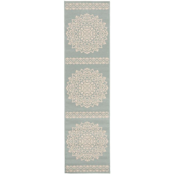 Linden Cream/Aqua 2 ft. x 8 ft. Medallion Border Indoor/Outdoor Runner Rug