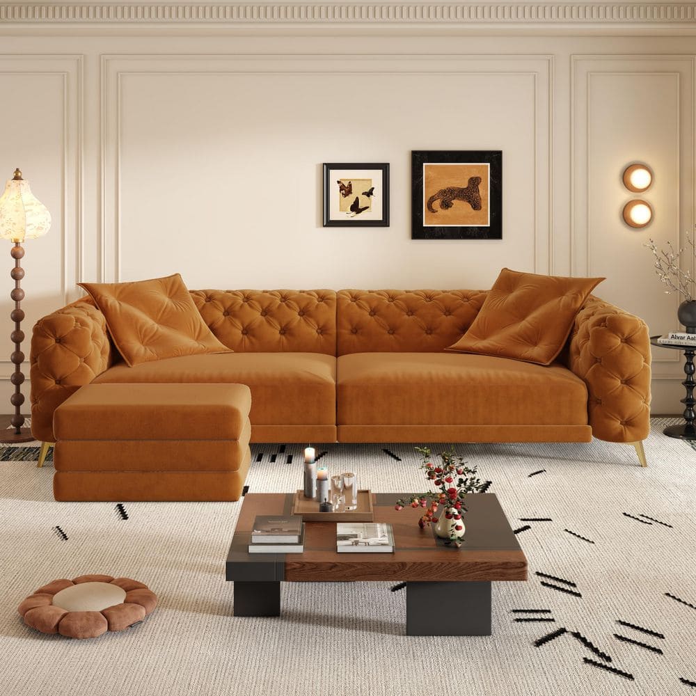 97.7 in. Rolled Arm Velvet Rectangle Sofa in Orange with Movable Ottoman