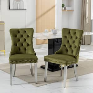 Modern Green Tufted Solid Wood Velvet Upholstered Dining Chair with Chrome Stainless Steel Plating Legs Set of 2