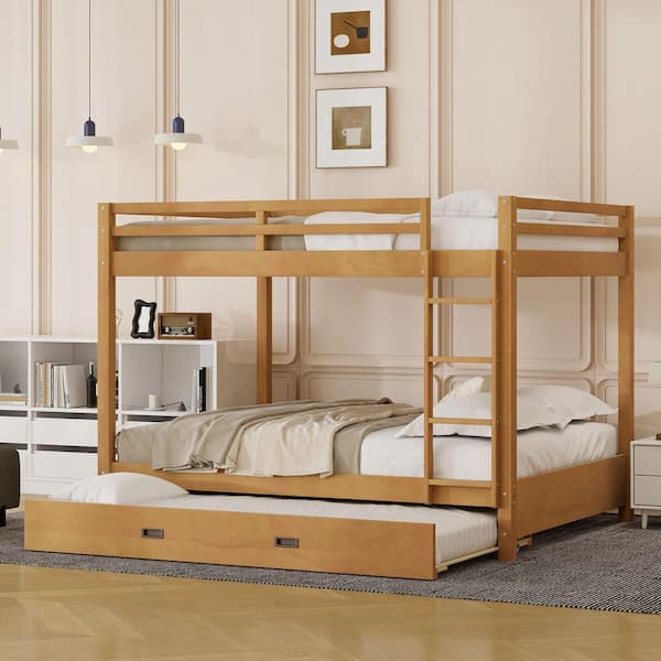 Wood Color Queen Size Wood Bunk Bed with Ladder and Twin XL Size Trundle