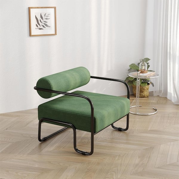 Green Corduroy Fabric Upholstered Arm Chair with Black Iron Frame