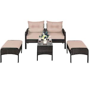 5-Piece Wicker Patio Conversation Set with Beige Cushions and 2 Cushioned Footstools