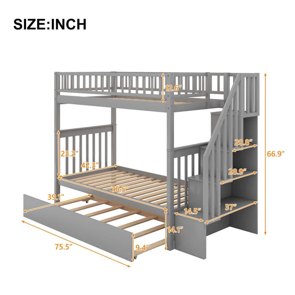 Harper & Bright Designs Gray Twin Over Twin Bunk Bed with Trundle and Storage Shelves - 3