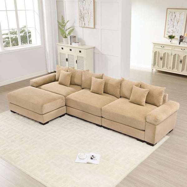 DDMSMXJT 59.4 in. Straight Arm 4-Piece Corduroy Modular Sectional Sofa with Ottoman & Ergonomic Design in Soft Ivory