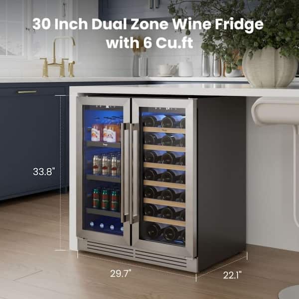 30 in. Dual Zone 33-Wine Bottles and 80-Cans Beverage and Wine Cooler Beverage Refrigerator in Stainless Steel