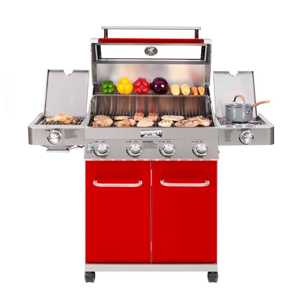 Red Stainless Steel 4-Burner Propane Gas Grill with Side Burner