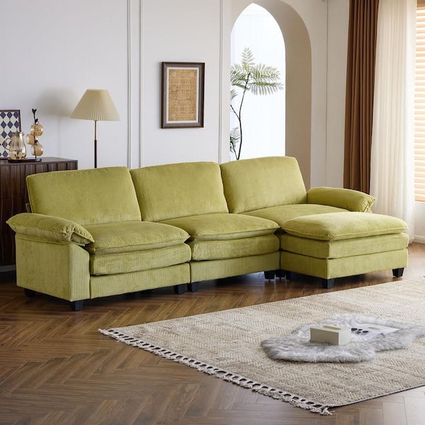 Unbranded Double-Layer Cushion's Collection 120 in. Wide Pillow Top Arm Corduroy L-shaped Modern Sofa in Green with Ottoman