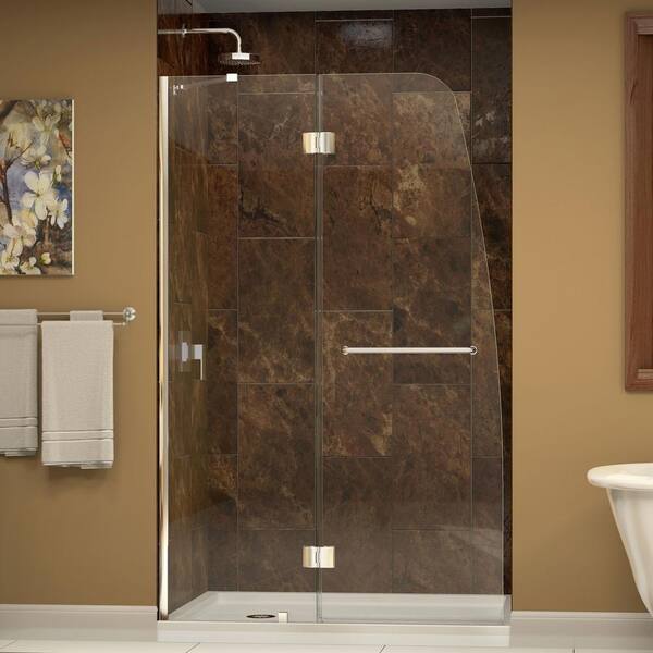 DreamLine Aqua 34 in. x 60 in. x 74.75 in. Semi-Framed Hinged Shower Door in Chrome with Center Drain White Acrylic Base