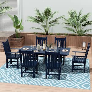 Hayes 7-Piece HDPE Plastic Outdoor Patio Rectangle Table Dining Set with Arm and Side Chairs in Navy Blue