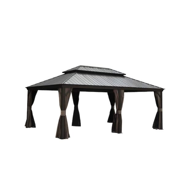 14 ft. x 20 ft. Outdoor Gazebo with Galvanized Steel Double Roof Aluminum Frame Gutter System Curtain and Netting Brown