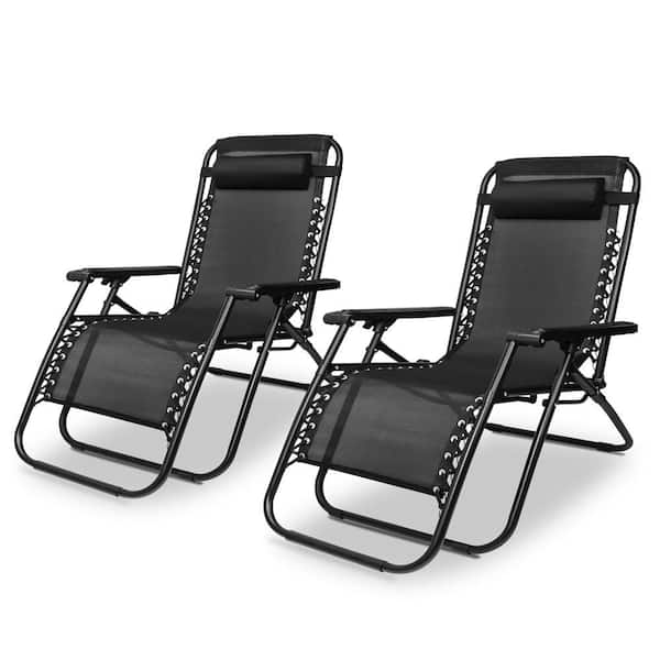2-Pieces Black Steel Folding Recliner Zero Gravity Outdoor Oversize Patio Heavy-Duty Lounge Chair