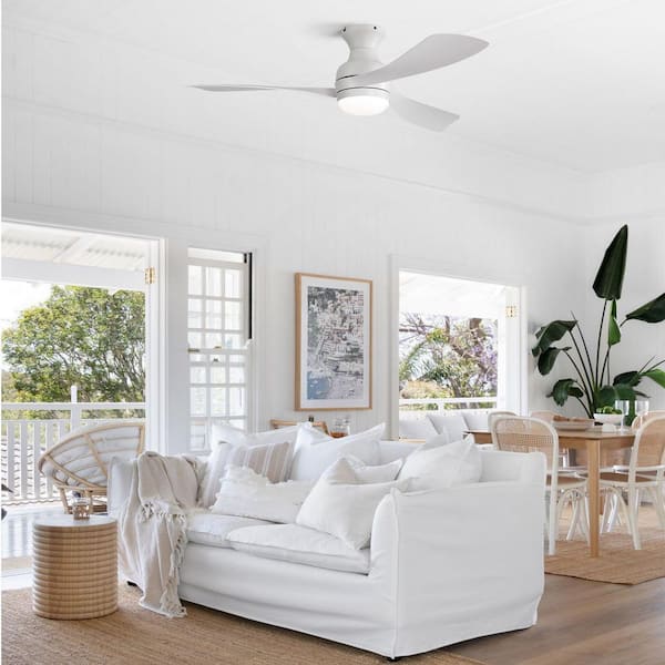 52 in. Indoor/Outdoor Integrated LED Flush Mount White Ceiling Fan with Light and Remote